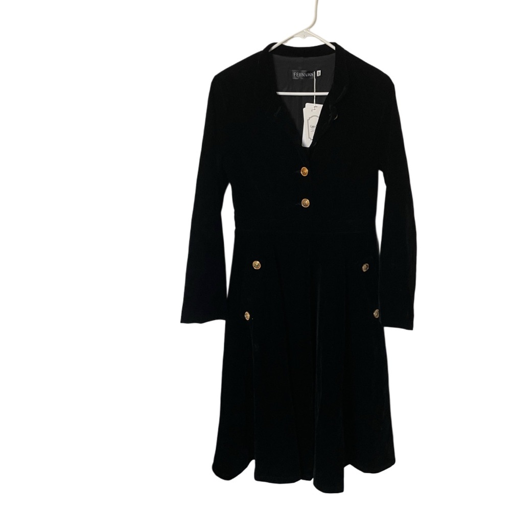 Feiinvan Black Velvet Button-Up Midi Dress with Gold Embellishments